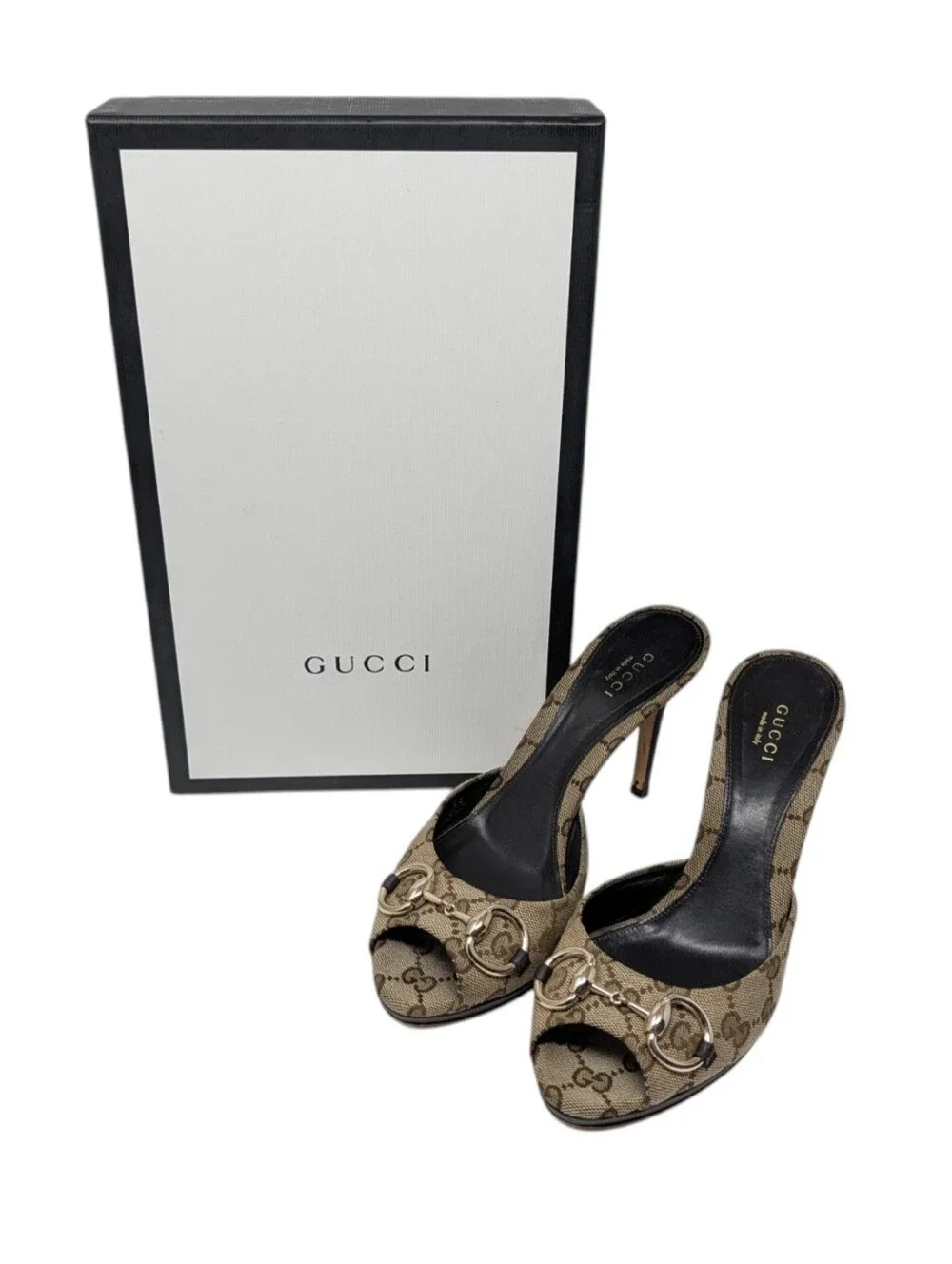 Gucci Erin Monogram Horsebit Peep Toe Dress Up Mule Sandal Size EU 38